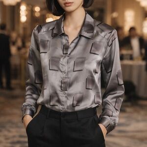 Gray & Black Geometric 100% Silk Button Down Shirt Size S Luxury Office